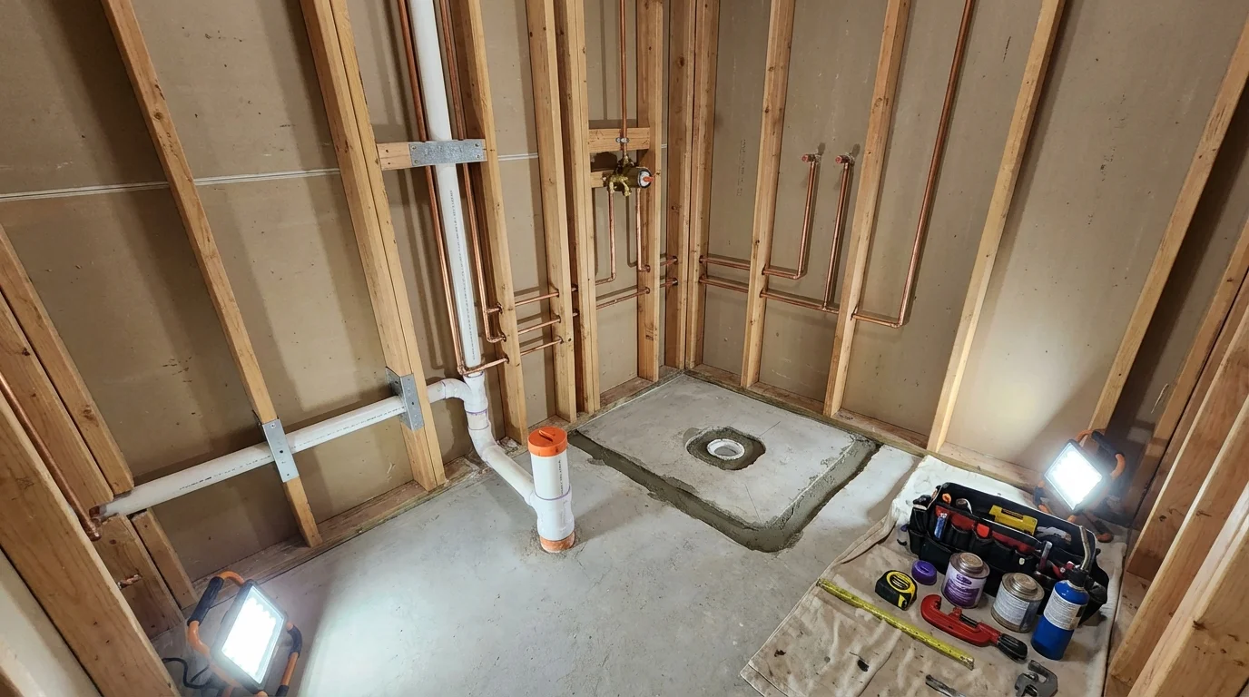Bathroom rough-in plumbing during remodel by Johns Plumbing LLC in Bladenboro