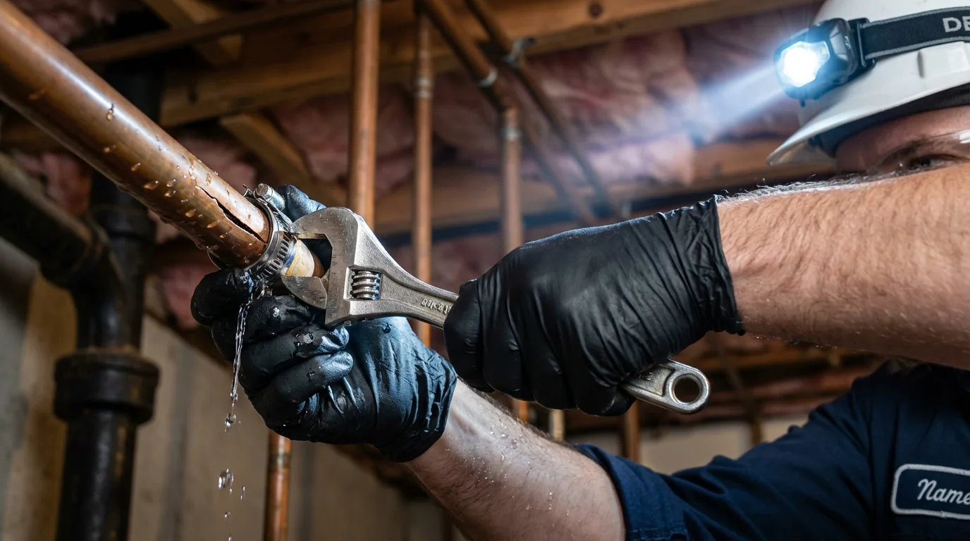 Emergency pipe clamp repair being performed by a Johns Plumbing LLC plumber in Bladenboro