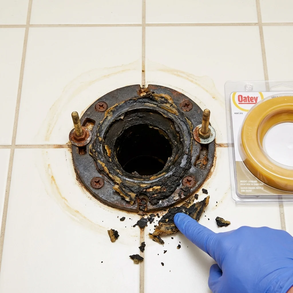 Failed wax ring showing water seepage at the base of a toilet in a Bladenboro, NC home